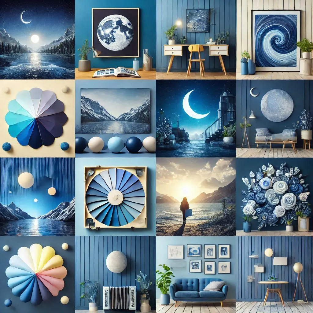 Image shows using blue color schemes with different color combinations in different industry objects like painting sofa balls Image showing Use of blue color schemes in diiferent industry objects with other colors