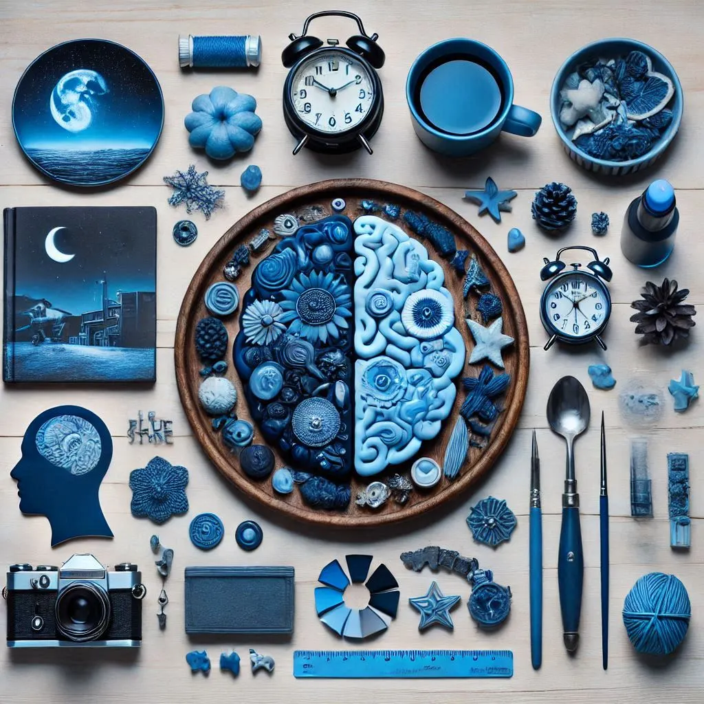 Image shows the imact of blue color schemes on different object and psychology Image showing objects with blue color palette